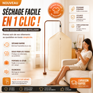 sèche linge intelligent portable – séchage facile en 1 clic… pour des vêtements secs, doux et prêts à porter, sans effort.